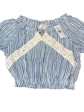 Angie Girls Shirt Crop Fitted Blue White Crochet Lace Striped Tie Large NWT